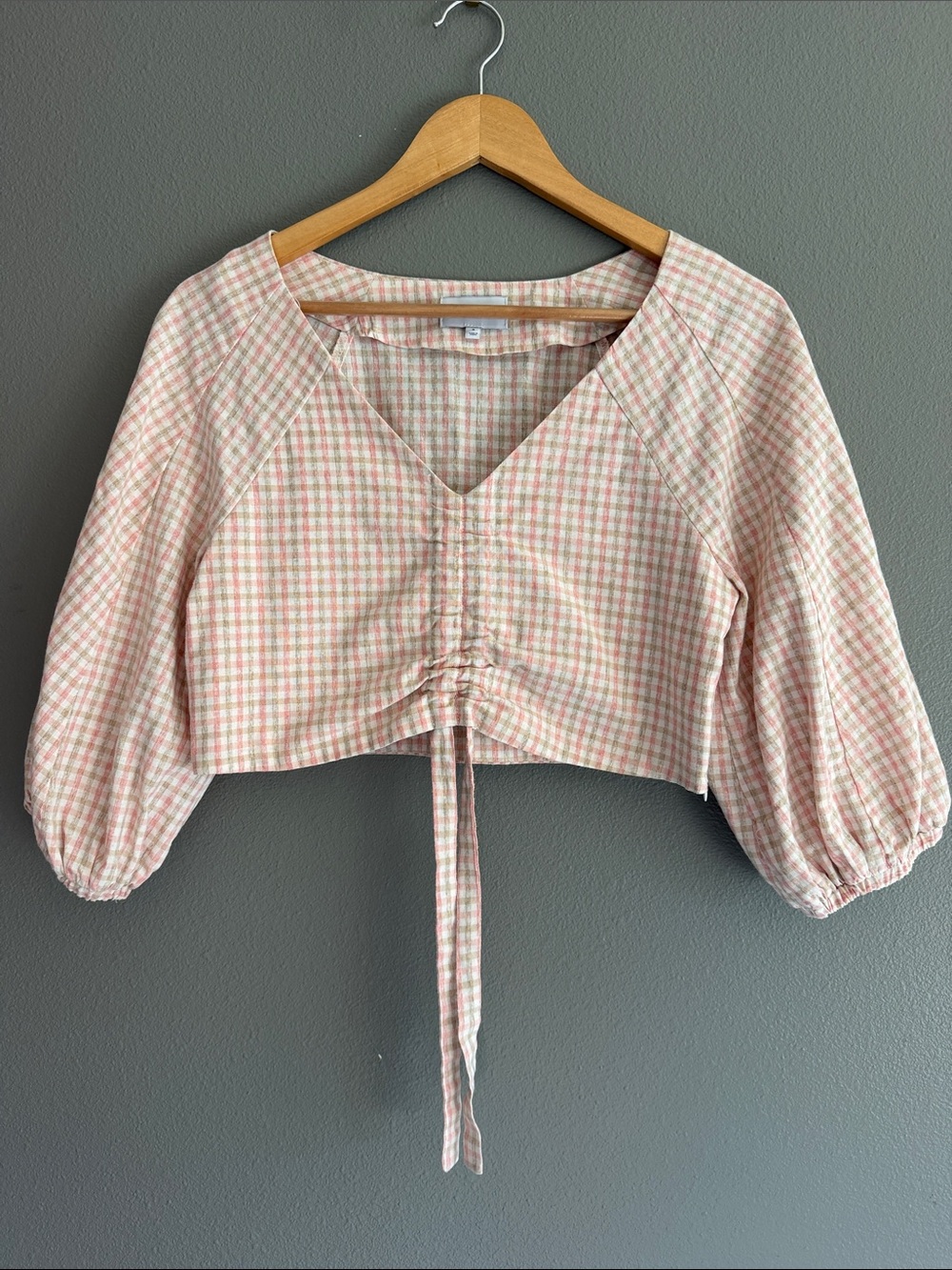 Women’s Pink Gingham Drawstring Cropped Top